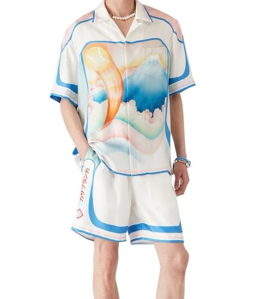 

25ss Casabalnc New Arrival Designer Summer Retro Loose Silk Shirts Unisex Short-Sleeve Trendy Hawaiian Vacation Versatile Casual Silk Cardigan Shirt Tops, Blue