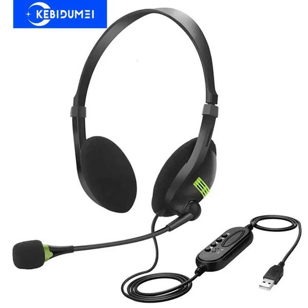 USB Wired Headphones Operator Earphones Retractable Headband Headset with Microphone Volume Control Reduction for Student M251208