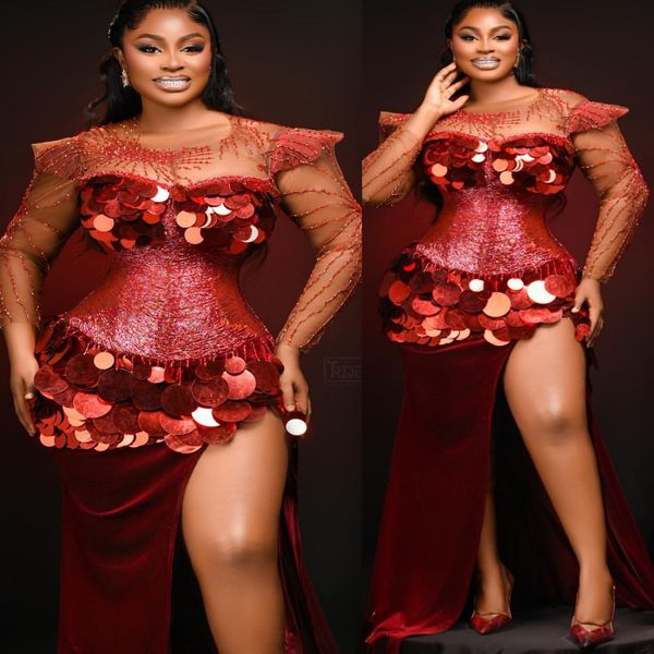 

Aso Ebi Dark Red Mermaid Prom Dresses 2026 Beaded Sequins Velvet Evening Formal Party Second Birthday Engagement Gowns Plus Size Dress For Special Occasions, Same as picture