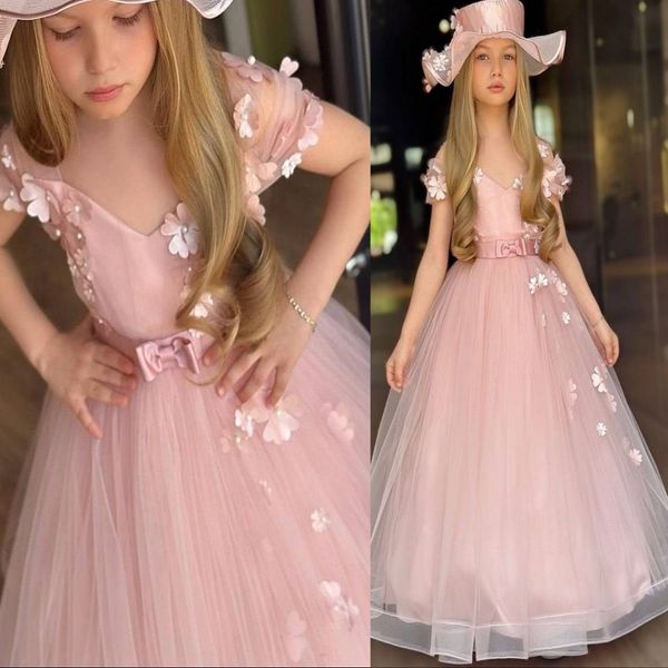 

2026 Blush Pink A-line Flower Girl Dresses Flowers V-neck Tulle Little Girl Christmas Peageant Birthday Christening Tutu Dress Gowns ZJ422, Fuchsia