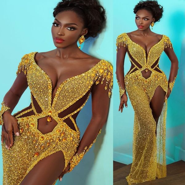 

Aso Ebi Gold Mermaid Prom Dresses 2026 Crystals Sequined Backless Evening Formal Party Second Birthday Engagement Gowns Plus Size Dress For Special Occasions, Orange