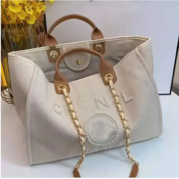 

New Designer Shopping Bags Handbags Pearl Beach Bag Canvas Portable High-capacity Fashion Trend Women Bag letter printed bag fashion underarm bag White 69, Black