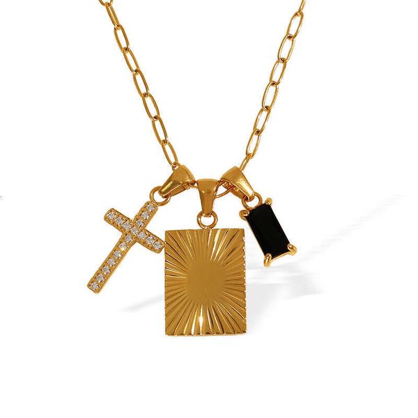 

Affordable Vintage 18K Gold Plated Stainless Steel Necklace, Unique Cross and Black Zircon Charms, Adjustable Length, Ideal Gift for Valentine's and Christmas