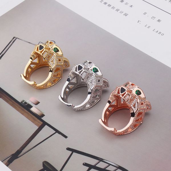 

Style Full Diamond Green-Eyed Leopard Head Ring Personality Trendy Leopard Head Ring Epoxy Couple Style Hand Jewelry Wholesale