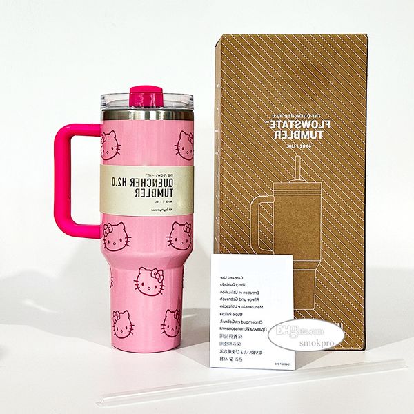 Tariff Free - Red / Pink Kitty Cat Designer Tumbler With Lid 40oz 304 Stainless Steel Travel Water Bottle Cup with Straw