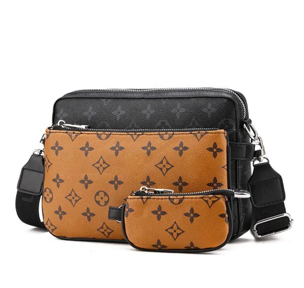 

2026 Designer bags men 3pcs Trio Leather Black Flowers Messenger Purse Crossbody Bags Shopping Bag Plain Shoulder bag Handbags, Dark khaki