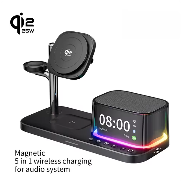 Qi2 25W 5 in 1 Magnetic Wireless Charger Stand with Speaker 25W Fast Charging for Iphone 17 16 15 Pro Max, Air pods,iwatch