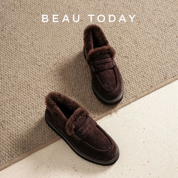 BEAUTODAY Winter Fur Shoes Women Cow Suede Leather Round Toe Penny Loafers Slip-on Flats Casual Ladies Shoes Handmade 27862251204