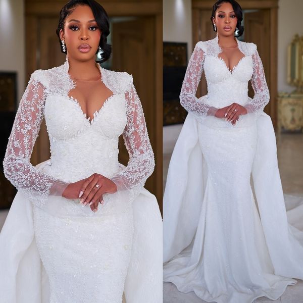 

2026 Arabic Aso Ebi Plus Size Ivory Wedding Dresses Sheer Neck Full Sleeves Flowers Sequined Lace Detachable Train Bridal Gowns Dress For Brides ZJ2058, Black