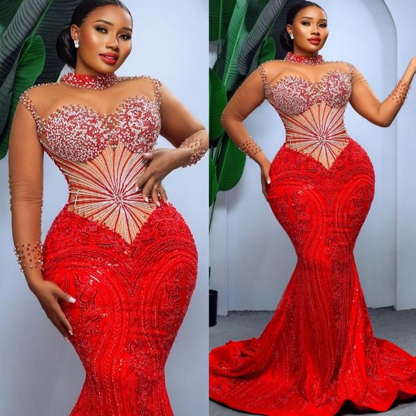 

Aso Ebi Red Mermaid Prom Dresses 2026 Full Sleeves Beaded Crystals Evening Formal Party Second Birthday Engagement Gowns Plus Size Dress For Special Occasions, Same as picture