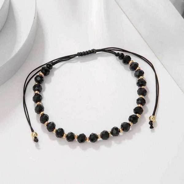 Fashion Boho Adjustable Braiding Strap Black Crystal Stone Beaded Bracelet For Women Accessory Jewelry