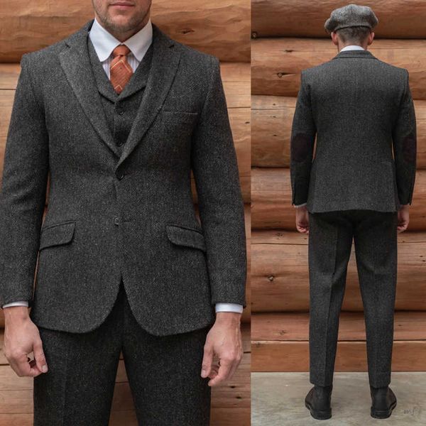 Men's Herringbone Jacket Suits 1 Pieces Formal Lapel Notch Tweed Wool Tuxedos Blazer Slim Fit Winter Coat Wedding Groomsmen