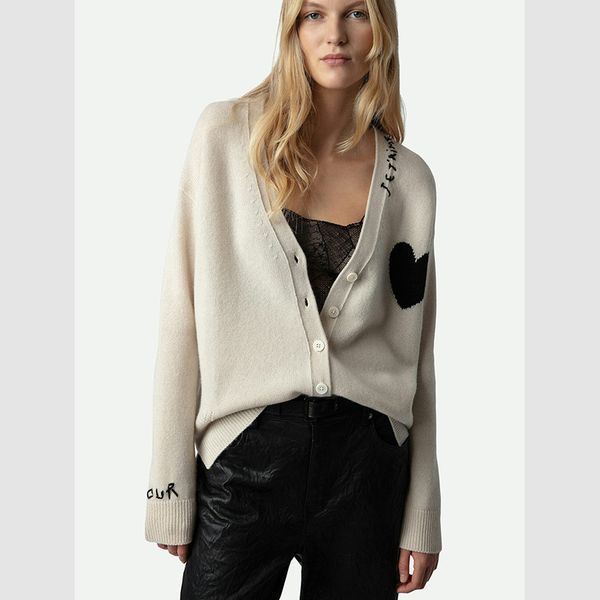 

Women's Knits Tees 25 Autumn Winter New French Niche Zv Handmade Embroidered Cardigan Vneck Heart Cashmere Knitted Sweater Womens Sweater, Creamywhite