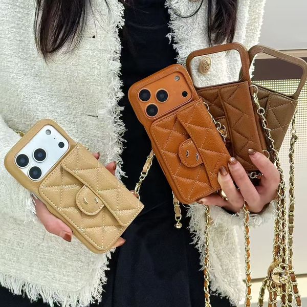 

Designer Crossbody Phone Case For iPhone 17 Pro Max 16 ProMax 15 14 13 16 Plus 17 AIR Case Card Holder Bag Luxury Caviar Leather Sheepskin Wallet Phonecases Chain Straps, C5# +logo