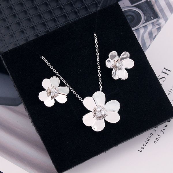 

New Women's Fresh Plum Blossom Necklace Micro Pave Zircon Simple Floral Earrings Fashion Holiday Jewelry Set, Dark blue