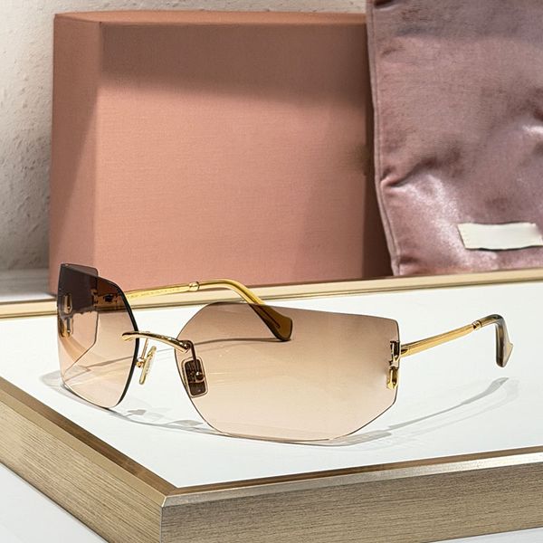 

26SS Designer Women Sunglasses Fashion Metal Ultra Light Frame Glasses Curved Frameless Lens Large Logo Design Top Quality UV Protection MU54