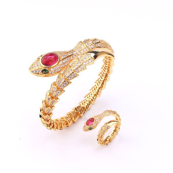 

Style Snake Bone Spring Bracelet Beautiful Fashion Red Blue Gemstone Snake Shape Bracelet Ring Set