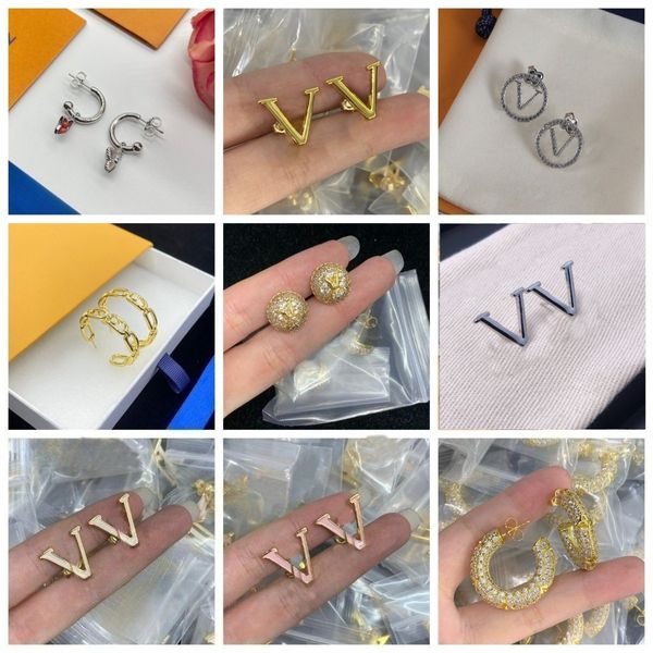

Classic Gold Plated Brand Designers Letters Stud Clip Chain Geometric Women Heart Crystal Earring Wedding Party Jewerlry