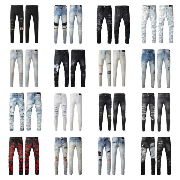 

Men's Embroidered Style Biker Jeans with Distressed Details, Yellow