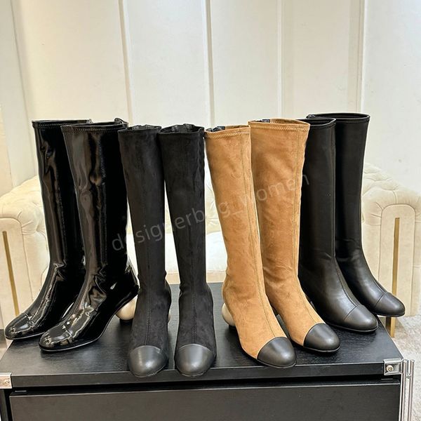 Designer Pearl Boots Elastic heel boot women new high boots over the knee thigh boots Pearl heels shoes runway knee boot winter autumn round toe shoes real leather boot