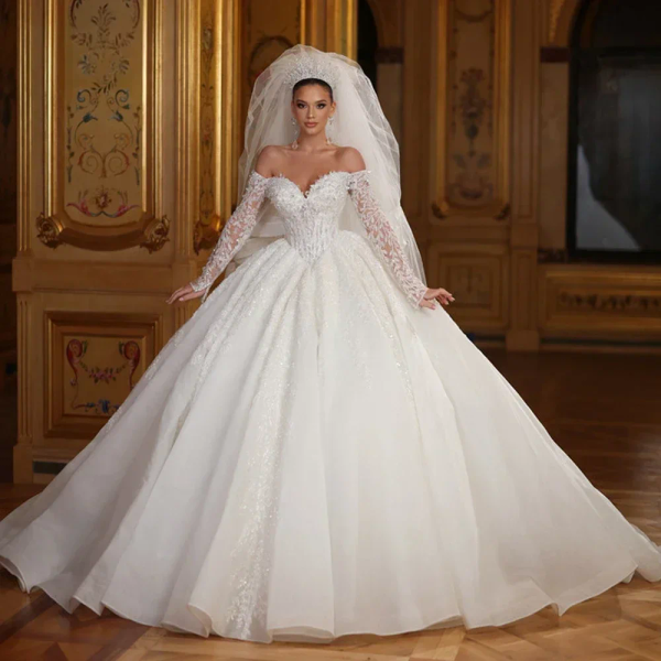 Elegant Princess Wedding Dress 2026 Sweetheart Off The Shoulder Pearl Lace Applique Bridal Bride Gown Train Arabic Dubai Vestidos De Novia