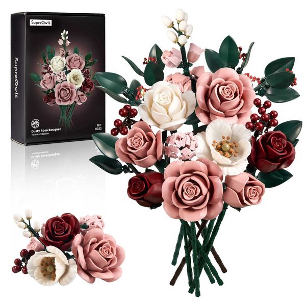 Pink Roses Bouquet Building Set Artificial Flowers Plants Home Office Room Decor Valentines Day Christmas Gifts for Adults Women X251216