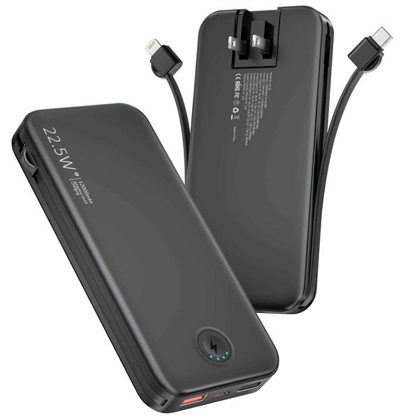 Portable Charger for iPhone Built in Cables and Wall Plug12000mAh Slim Fast Charging USB C Power BankTravel Essential C251218