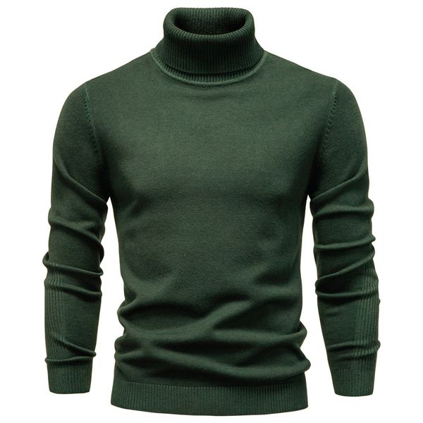 

WOZK Autumn winter new casual men's solid color pullover sweater, high neck knitted sweater, casual men's inner top high quality, Round neck coffee color