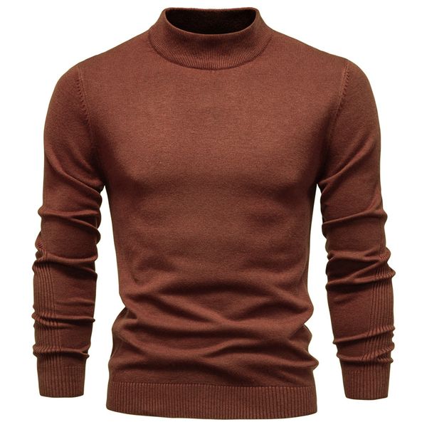 

WOZK Autumn and winter new casual men's solid color pullover sweater semi high neck knitted sweater casual men's inner long sleeves top, Round neck coffee color