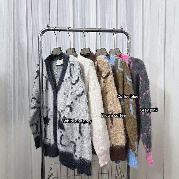 

Designer new double-letter relaxed V-neck mohair double-sided cardigan sweater, oversized fit, unisex shirt, Coffee blue