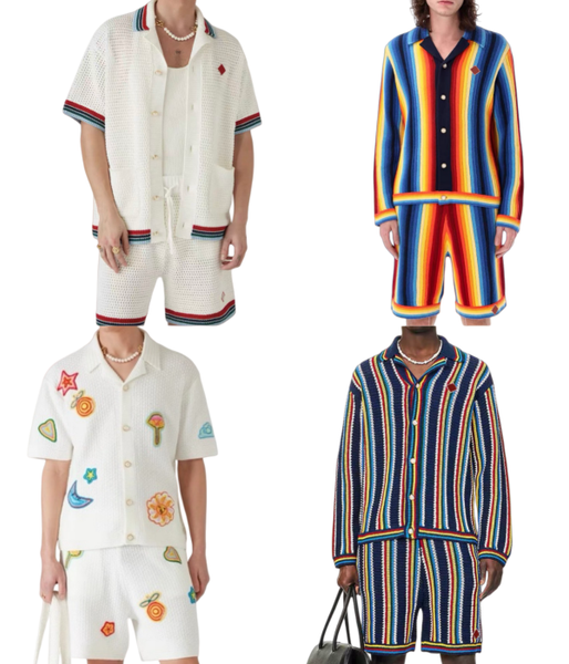 

25aw Casabalnc New Trendy Designer Unisex Knitted Shorts & Short-sleeved Cardigan Set Adorned with Pearl Buttons and Lapel Embroidery in Retro Style Sweater Coat Tops, Orangered