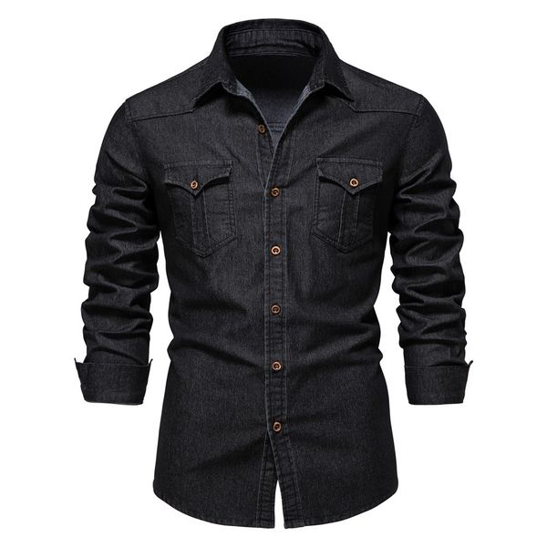 

WOZK Men's autumn and winter European denim shirt, men's casual solid color denim long sleeved shirt, denim fabric inner top, 6016 navy blue