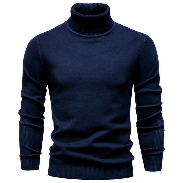 

WOZK Autumn winter new casual men's solid color pullover sweater, high neck knitted sweater, casual men's inner long sleeves top, Round neck navy blue