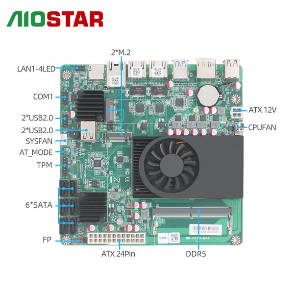 Aiostar industrial NAS motherboard, supports Intel N100/N150 CPUs, features a wide range of storage interfaces, and supports cloud storage and cloud drives.