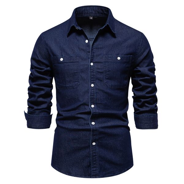 

WOZK Men' autumn and winter European denim shirt, men' casual solid color denim long sleeved shirt, denim fabric inner top blue, 6036 black