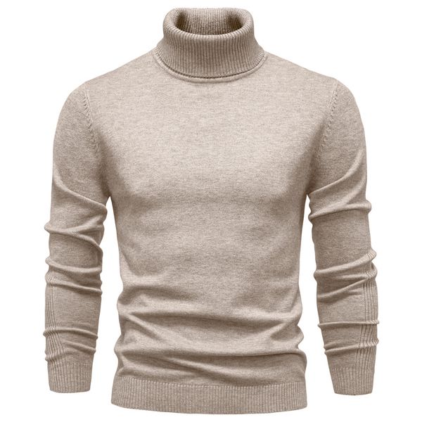 

WOZK Autumn winter new casual men's solid color pullover sweater, high neck knitted sweater, casual men's inner top high quality keep warm, Middle leader military green