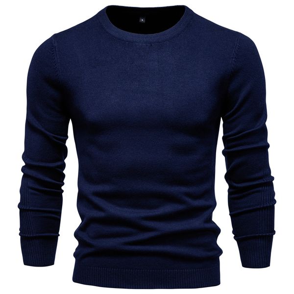 

WOZK Autumn and winter new casual men's solid color pullover sweater round neck knitted sweater casual men's inner top self-cultivation, Round neck navy blue