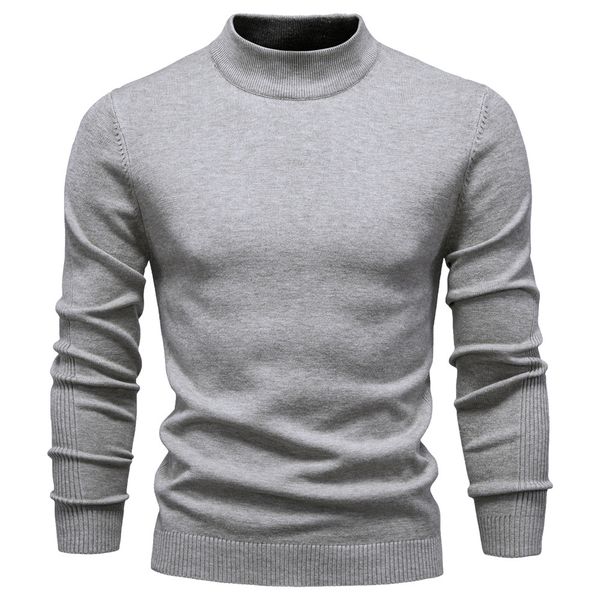 

WOZK Autumn and winter new casual men's solid color pullover sweater semi high neck knitted sweater casual men's inner top thicken, High neck;military green