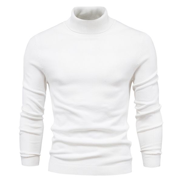 

WOZK Autumn winter new casual men's solid color pullover sweater, high neck knitted sweater, casual men's inner top high quality white, Round neck coffee color