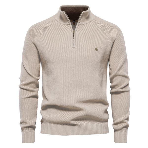 

WOZK 2026 New Men's European Size Sweater Long Sleeve Half Zipper Stand up Collar Solid Color Versatile Casual Trend Knitted Top, Y835 khaki
