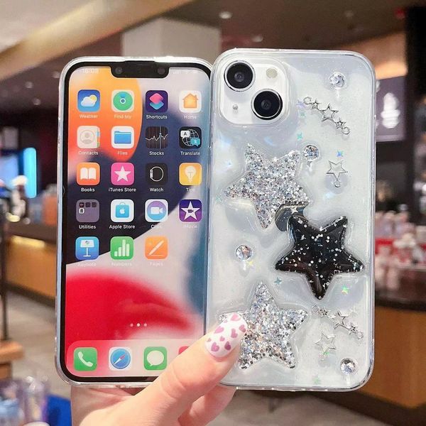 Simple Epoxy Transparent Glitter Star Phone Case for iPhone 15 Plus P40 RY60