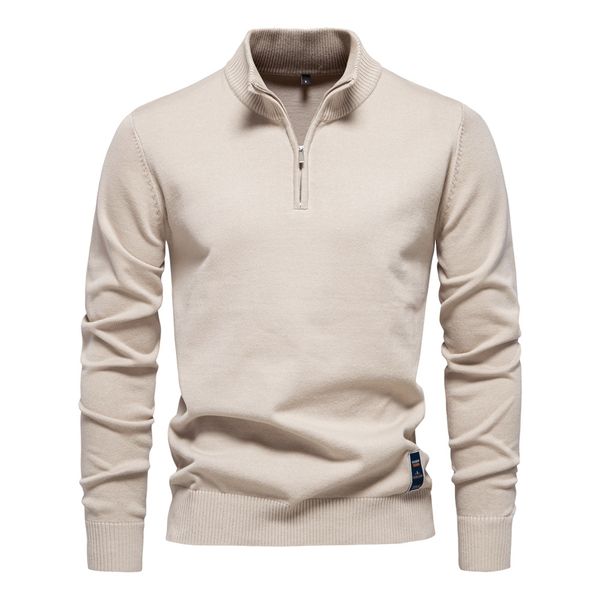 

WOZK2026 new solid color pure cotton sweater men' stand up collar half zipper slim fit men' knitted sweater top Men' clothing men' casual, Khaki