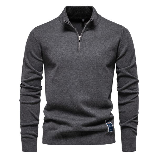 

WOZK2026 new solid color pure cotton sweater men's stand up collar half zipper slim fit men's knitted sweater top Men's clothing, Indigo