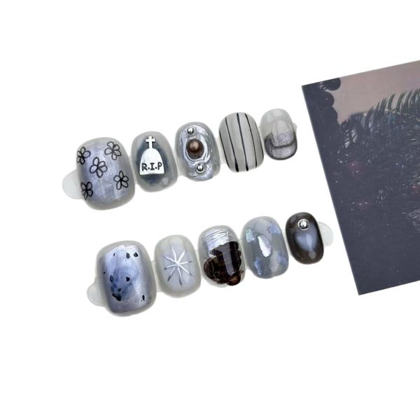 

blue rhyme luxury ins silver magic mirror powder cold watercolor inkblot hand painted flowers skin brightening handmade nail art kits