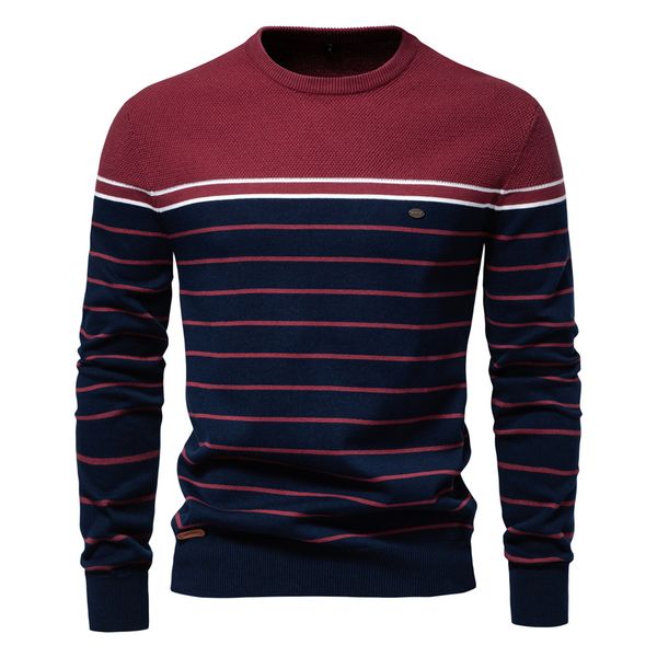 

WOZK autumn and winter new striped color blocked long sleeved men's knitted sweater fashionable round neck men's casual sweater, Khaki