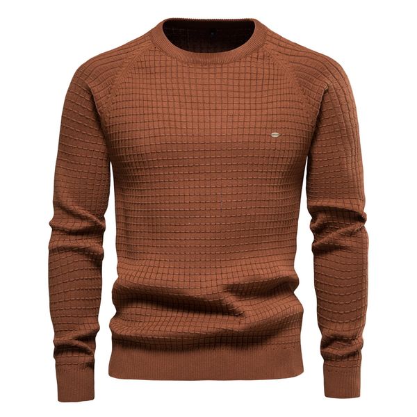 

WOZK autumn and winter sweater men's solid color base plaid pullover sweater men's high stretch long sleeved shirt designer, Brown
