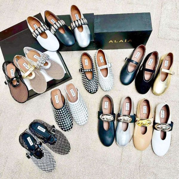 Alaialy Designer Ballet Flat Shoe for Women Mary Jane Loafer shoe luxury sandal Fashion sliver Patent Leather Dress Casual slide rhinestone slipper Ballerina shoes