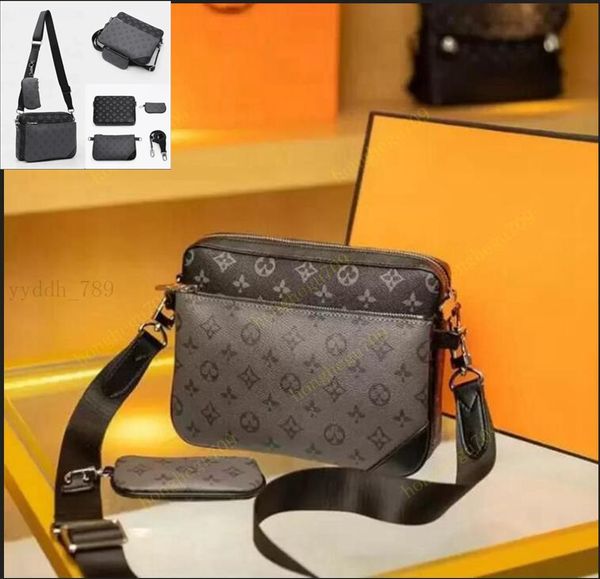 

TOP Handbags Women Men Leather TRIO Messenger Bags Shoulder Make up Bag Designer Handbag Tote Man's bag Crossbody purse, Deep brown