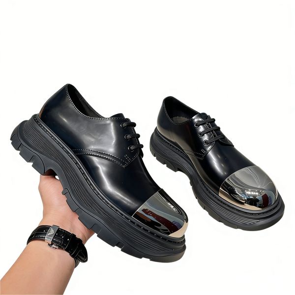 Men's Genuine Leather Derby Shoes, Silver Metal Toe Wide Round Toe Lace-Up, Elevated Thick Sole Non-Slip Dress Shoes