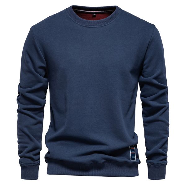 

WOZK autumn new long sleeved solid color hoodie trend men's loose solid color round neck casual hoodie, Indigo